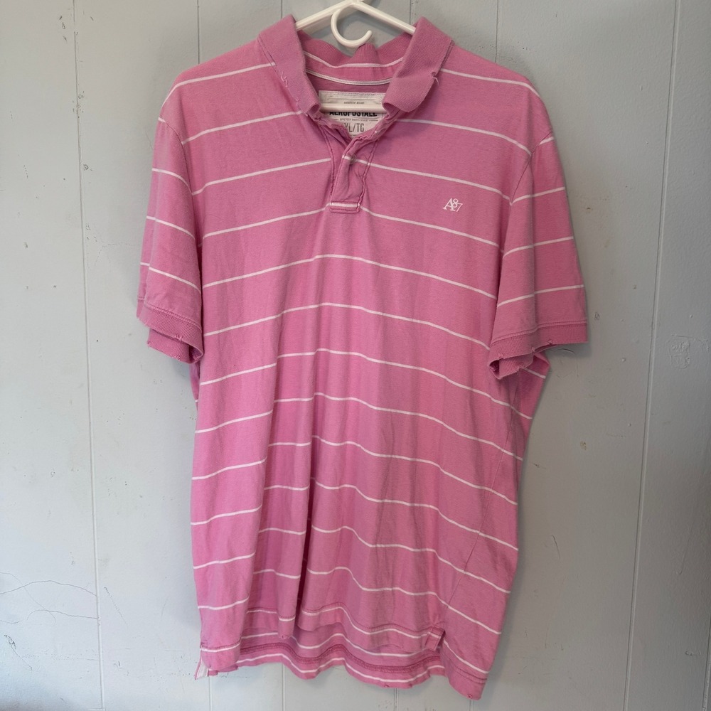 Aeropostale Mens XL Pink White Striped Short Sleeve Polo Shirt A87 Logo Cotton